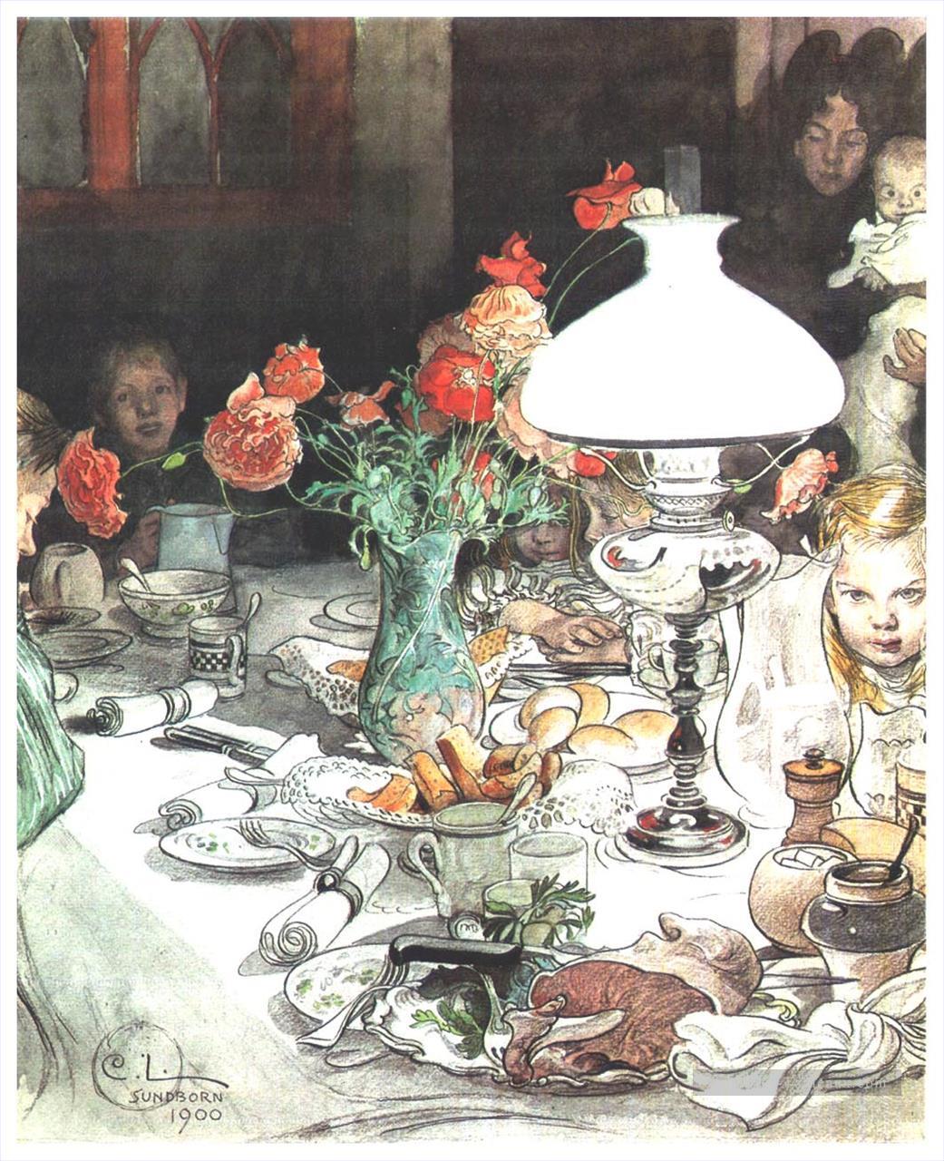 autour de la lampe au soir 1900 Carl Larsson Peintures à l'huile